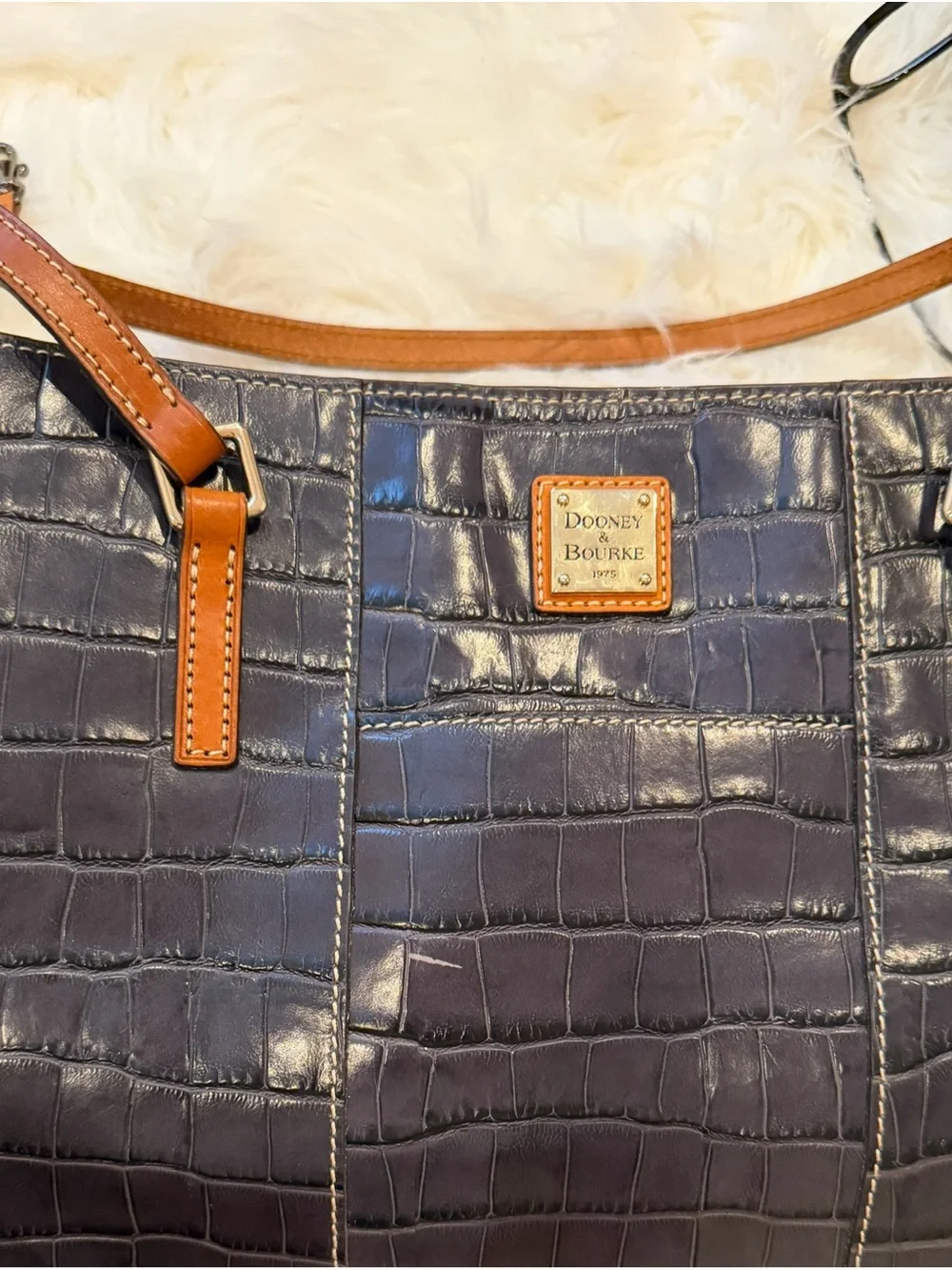 Dooney & Bourke Black Croc-Embossed Tote with Tan Trim